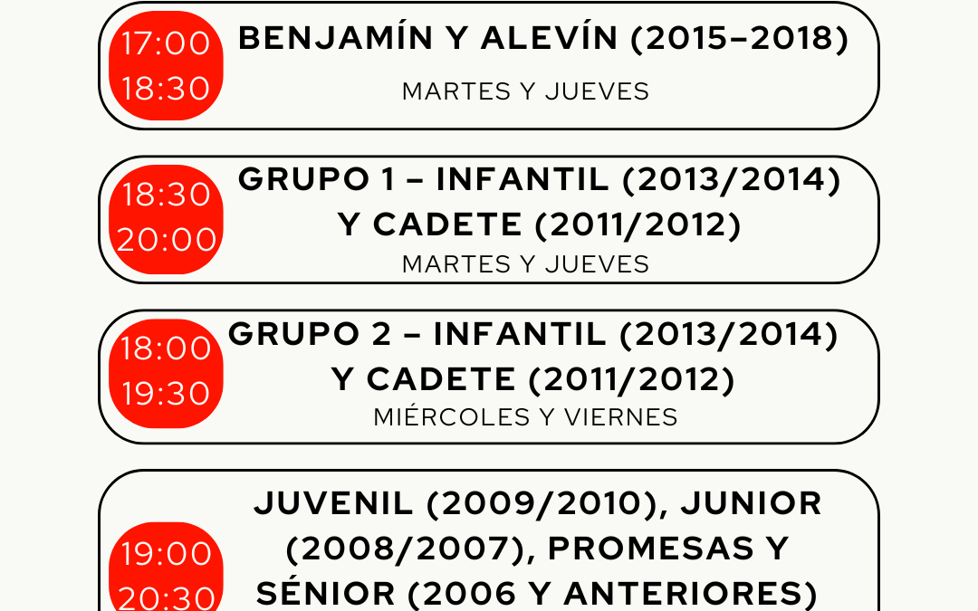 Horarios de entrenamiento para la temporada 2025/2026