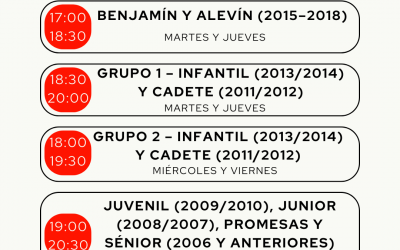 Horarios de entrenamiento para la temporada 2025/2026